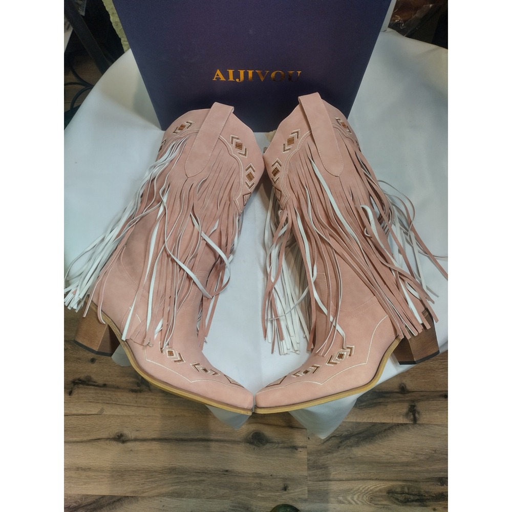 AIJIVOU Pink Embroidered Fringe Cowboy Boots Women 8.5 Block Heel 138A-H801